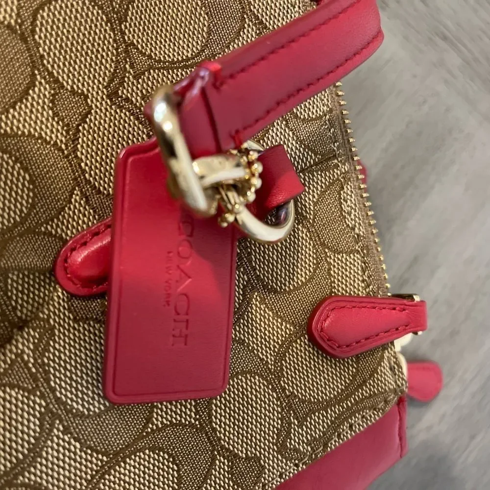 Coach Red and Tan Shoulder Bag with Signature Monogram